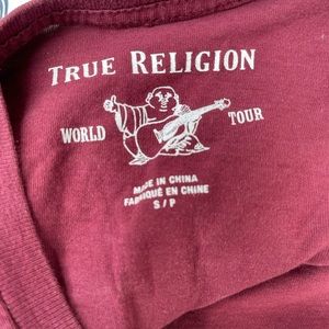 True religion red shirt size S but fits an M